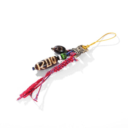 ZenWuxiang Tibetan Dzi Bead Phone Charm | Sacred Agate Treasure Vase Amulet Handmade Tassel Strap