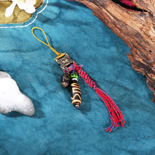 ZenWuxiang Tibetan Dzi Bead Phone Charm | Sacred Agate Treasure Vase Amulet Handmade Tassel Strap