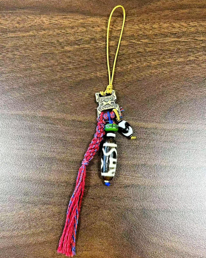 ZenWuxiang Tibetan Dzi Bead Phone Charm | Sacred Agate Treasure Vase Amulet Handmade Tassel Strap