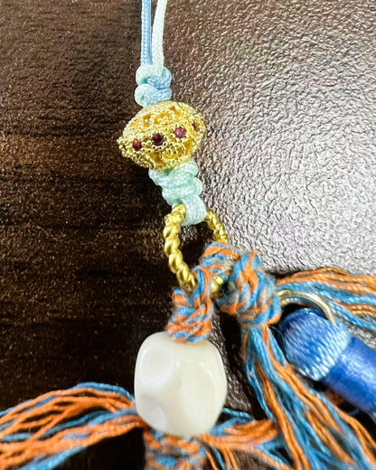 ZenWuxiang Fox Spirit Phone Charm | Gold-Plated Copper Bodhi Seed Blue Silk Tassel Amulet Accessory