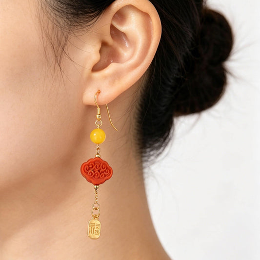 ZenWuxiang Southern Red Agate Auspicious Cloud Earrings | S925 Silver Gold-Plated Fu Charm Dangle Oriental Jewelry