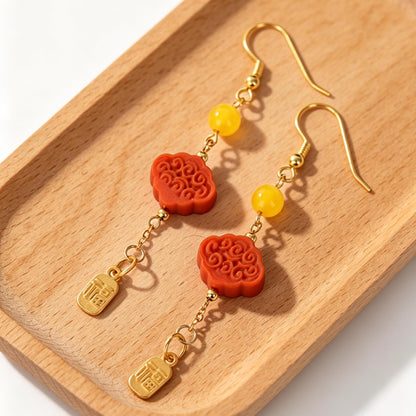 ZenWuxiang Southern Red Agate Auspicious Cloud Earrings | S925 Silver Gold-Plated Fu Charm Dangle Oriental Jewelry