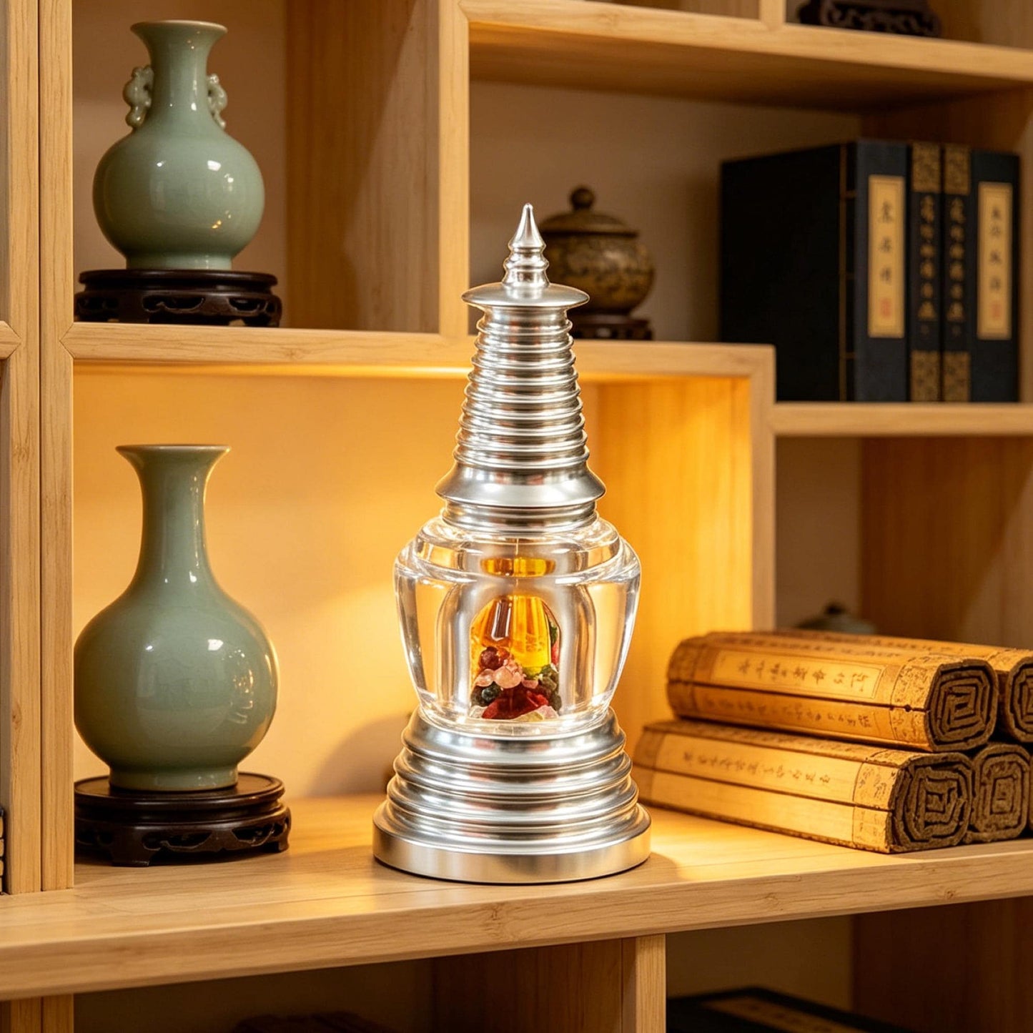 ZenWuxiang Tibetan Stupa Desktop Ornament | Handcrafted Titanium Steel Sacred Decor