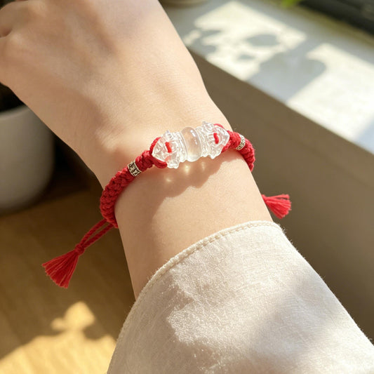 ZenWuxiang Clear Quartz Vajra Bracelet | Hand-Woven Red Cord Tibetan Ritual Charm Amulet