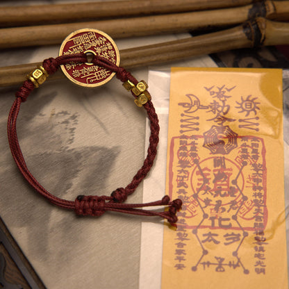 ZenWuxiang 18K Gold Plated Red String Bracelet | Celestial Coin Talisman Adjustable Red Cord Protection Amulet