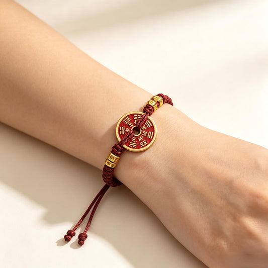 ZenWuxiang 18K Gold Plated Red String Bracelet | Celestial Coin Talisman Adjustable Red Cord Protection Amulet