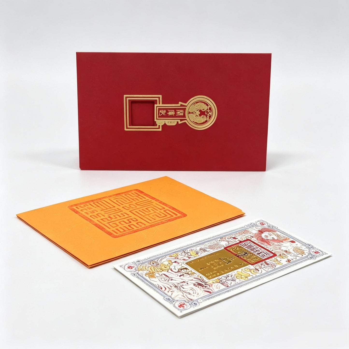 ZenWuxiang Asian Blessing Talisman Card Set | Gold Foil Red Envelope & Yellow Seal Pocket Wallet Gift