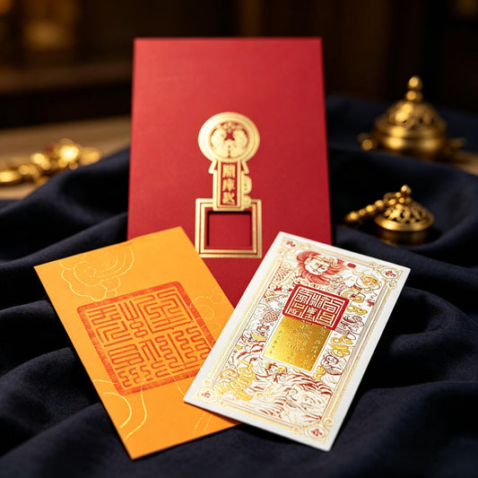 ZenWuxiang Asian Blessing Talisman Card Set | Gold Foil Red Envelope & Yellow Seal Pocket Wallet Gift