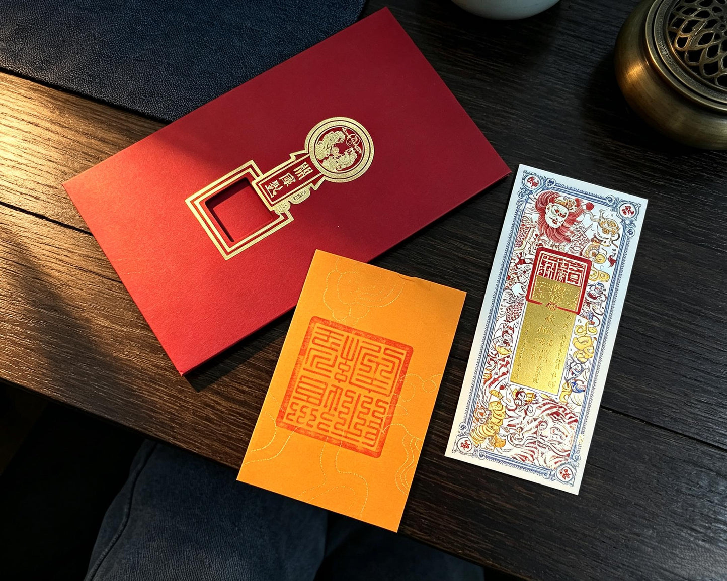 ZenWuxiang Asian Blessing Talisman Card Set | Gold Foil Red Envelope & Yellow Seal Pocket Wallet Gift