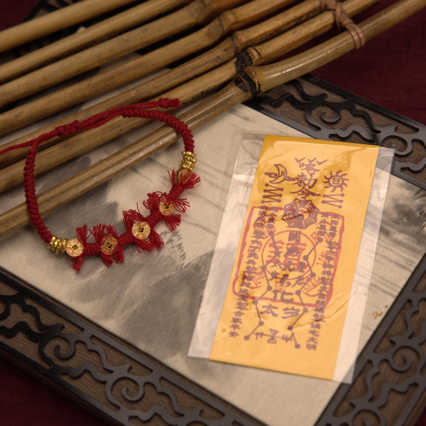 ZenWuxiang S925 Sterling Silver Red String Bracelet | Gold-Plated Coin Charm Enamel Tassel Adjustable Woven Amulet