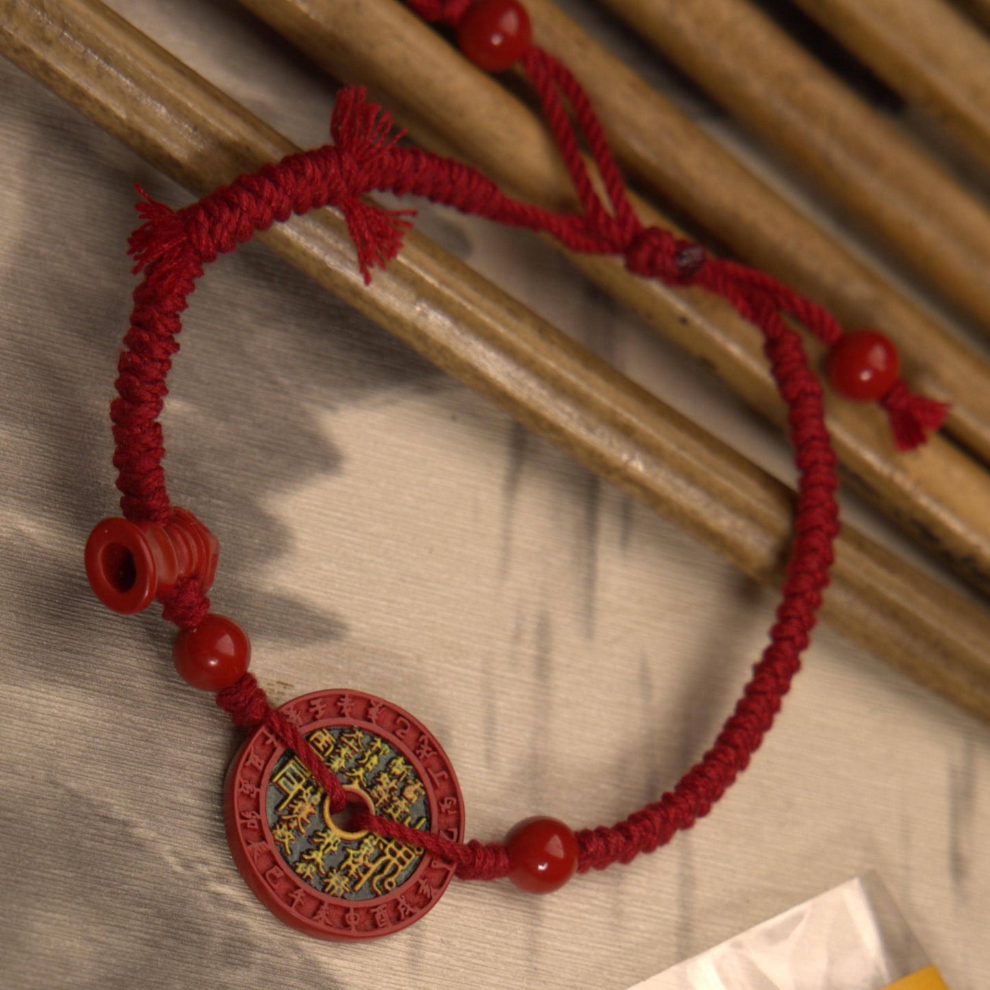ZenWuxiang Red Cinnabar Coin Charm Bracelet | Carved Celestial Amulet & Vajra Pestle Red String Protection Bracelet