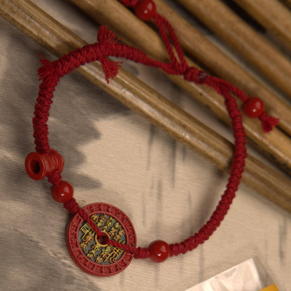 ZenWuxiang Red Cinnabar Coin Charm Bracelet | Carved Celestial Amulet & Vajra Pestle Red String Protection Bracelet