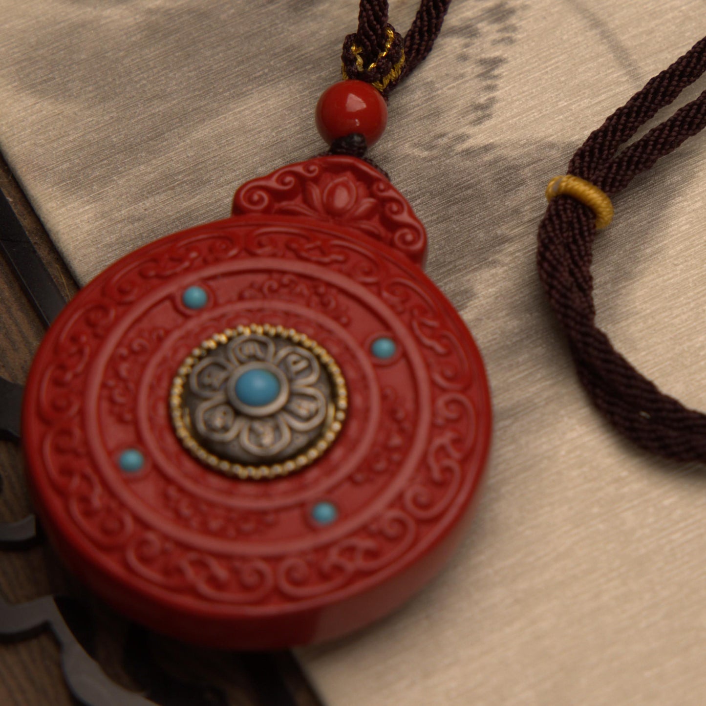 ZenWuxiang Imperial Red Cinnabar Coin Pendant Necklace | Carved Bagua Celestial Amulet Taoist Protection Jewelry