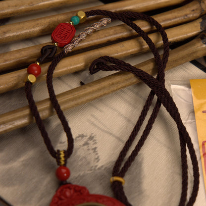 ZenWuxiang Imperial Red Cinnabar Coin Pendant Necklace | Carved Bagua Celestial Amulet Taoist Protection Jewelry