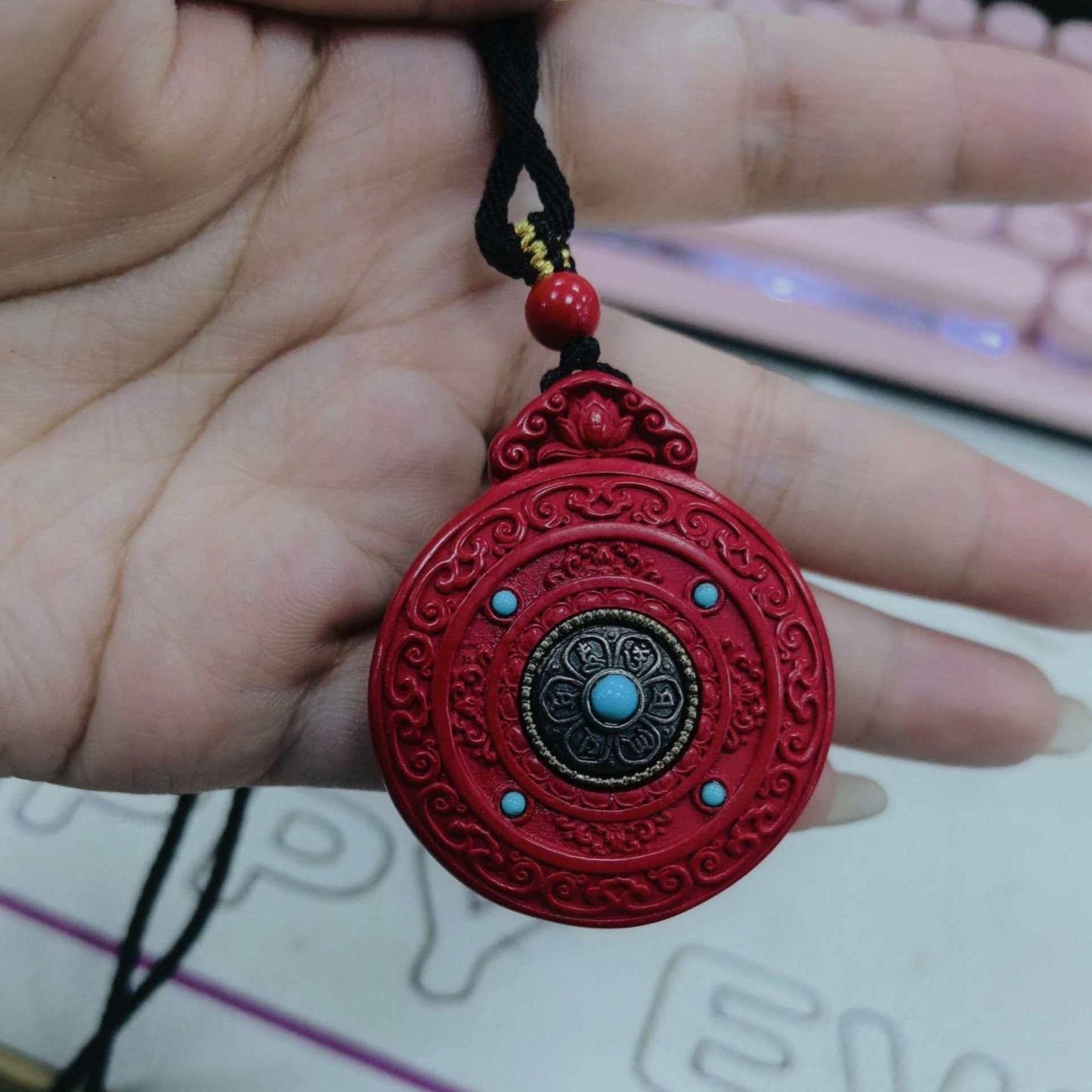 ZenWuxiang Imperial Red Cinnabar Coin Pendant Necklace | Carved Bagua Celestial Amulet Taoist Protection Jewelry