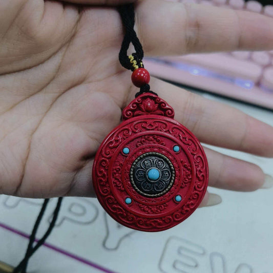 ZenWuxiang Imperial Red Cinnabar Coin Pendant Necklace | Carved Bagua Celestial Amulet Taoist Protection Jewelry