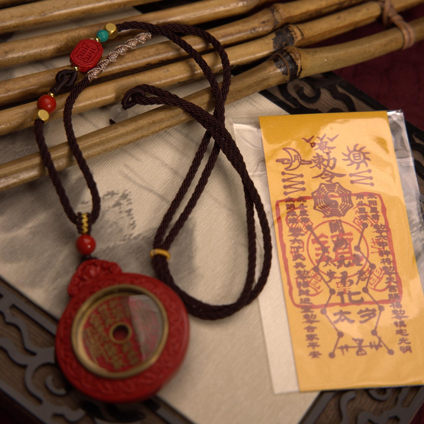 ZenWuxiang Imperial Red Cinnabar Coin Pendant Necklace | Carved Bagua Celestial Amulet Taoist Protection Jewelry