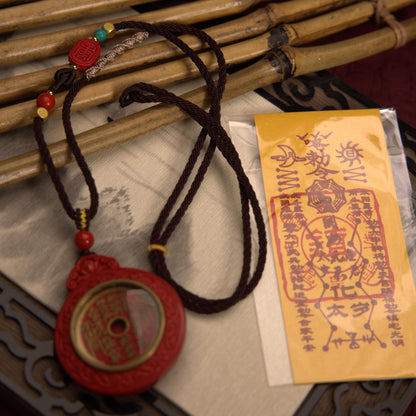 ZenWuxiang Imperial Red Cinnabar Coin Pendant Necklace | Carved Bagua Celestial Amulet Taoist Protection Jewelry