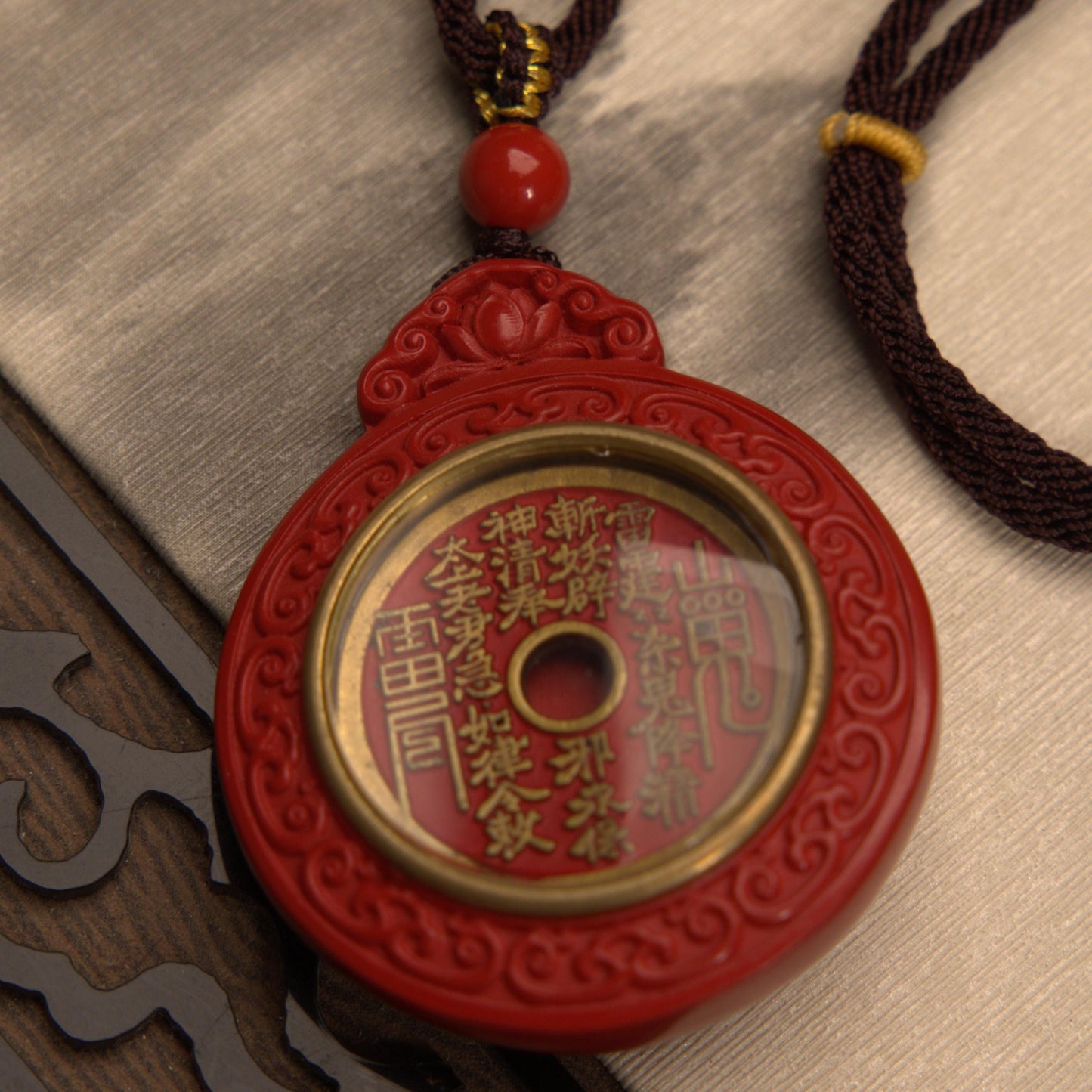 ZenWuxiang Imperial Red Cinnabar Coin Pendant Necklace | Carved Bagua Celestial Amulet Taoist Protection Jewelry