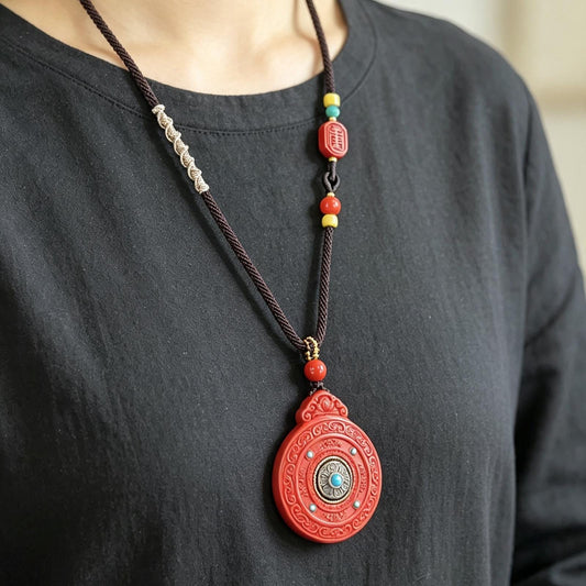 ZenWuxiang Imperial Red Cinnabar Coin Pendant Necklace | Carved Bagua Celestial Amulet Taoist Protection Jewelry