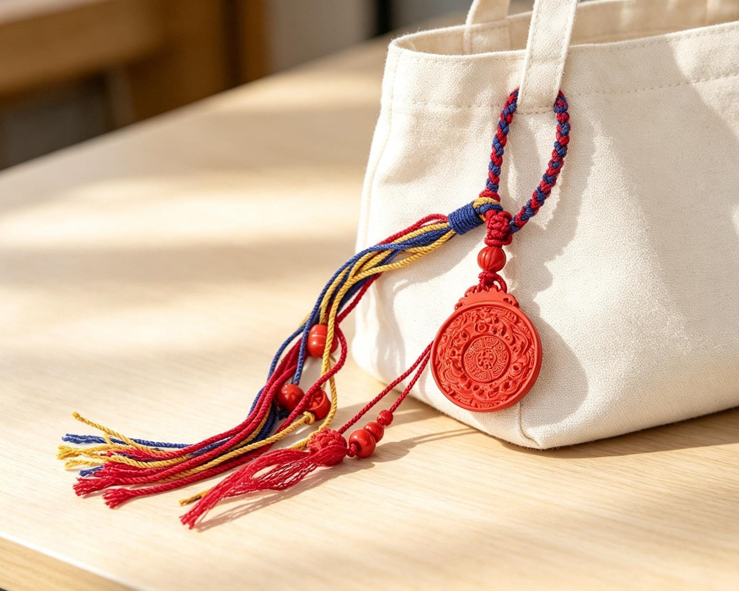 ZenWuxiang Imperial Red Cinnabar Bagua Bag Charm | Carved Celestial Amulet Tricolor Braided Cord Purse Charm & Keychain