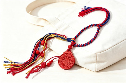ZenWuxiang Imperial Red Cinnabar Bagua Bag Charm | Carved Celestial Amulet Tricolor Braided Cord Purse Charm & Keychain
