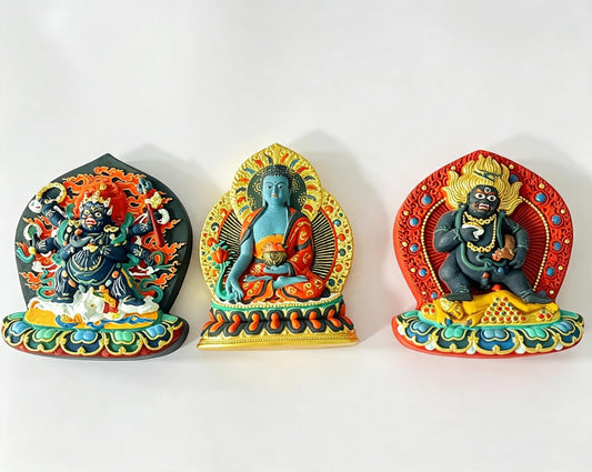 ZenWuxiang Tibetan Tsa Tsa Hand-Painted Relief Plaque | Medicine Buddha, Six-Armed Mahakala & Black Jambhala Sacred Altar Statue