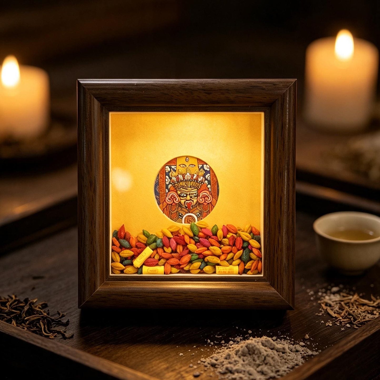 ZenWuxiang Mini Zashi Lhamo Framed Art | Tibetan Goddess of Abundance Palden Lhamo 3.15x3.15 in Solid Wood Desk Display