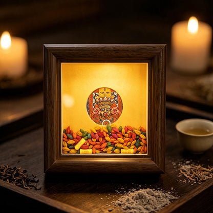 ZenWuxiang Mini Zashi Lhamo Framed Art | Tibetan Goddess of Abundance Palden Lhamo 3.15x3.15 in Solid Wood Desk Display
