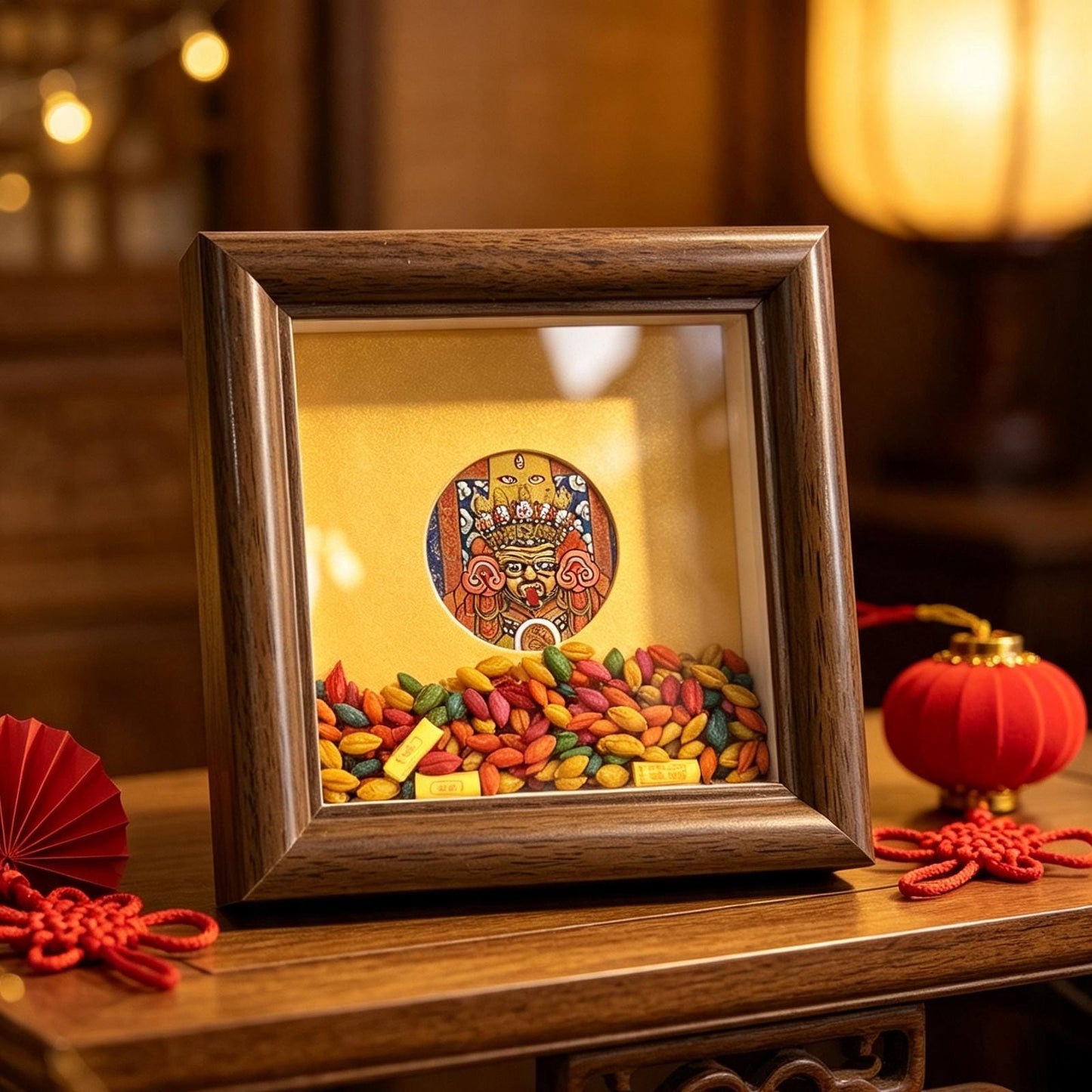 ZenWuxiang Mini Zashi Lhamo Framed Art | Tibetan Goddess of Abundance Palden Lhamo 3.15x3.15 in Solid Wood Desk Display