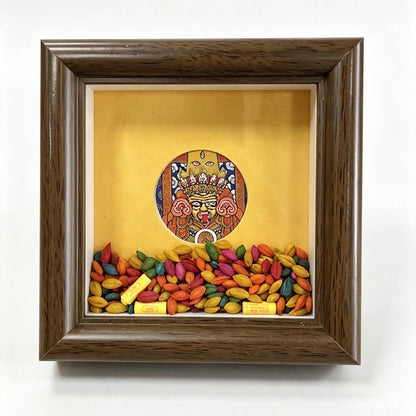 ZenWuxiang Mini Zashi Lhamo Framed Art | Tibetan Goddess of Abundance Palden Lhamo 3.15x3.15 in Solid Wood Desk Display