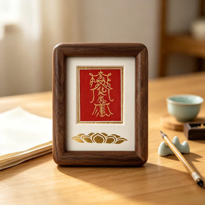 ZenWuxiang Framed Taoist Tai Sui Decree | Solid Walnut Wood Desk Display Gold Foil Crimson Talisman Card