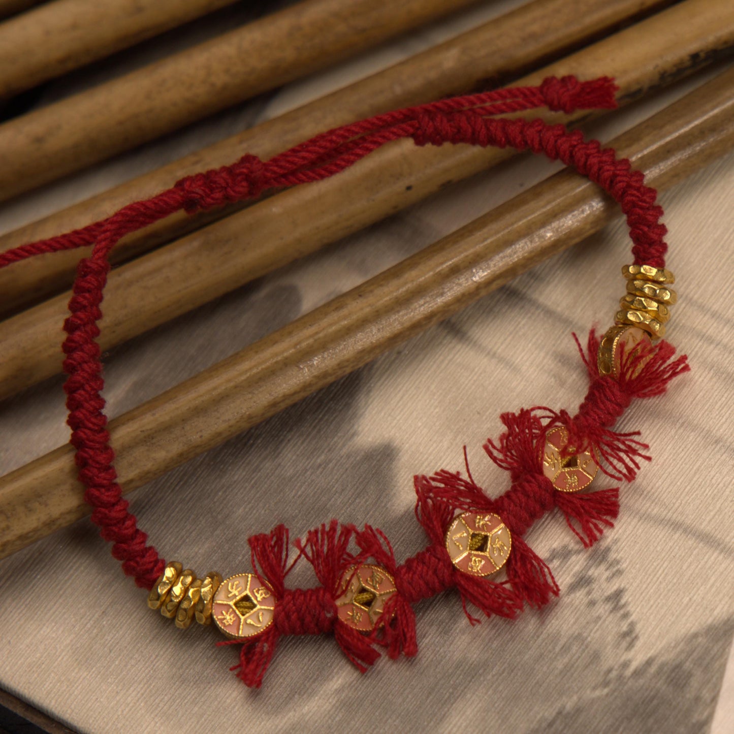 ZenWuxiang S925 Sterling Silver Red String Bracelet | Gold-Plated Coin Charm Enamel Tassel Adjustable Woven Amulet