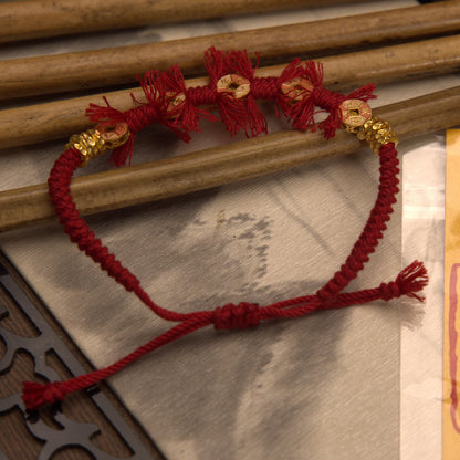 ZenWuxiang S925 Sterling Silver Red String Bracelet | Gold-Plated Coin Charm Enamel Tassel Adjustable Woven Amulet