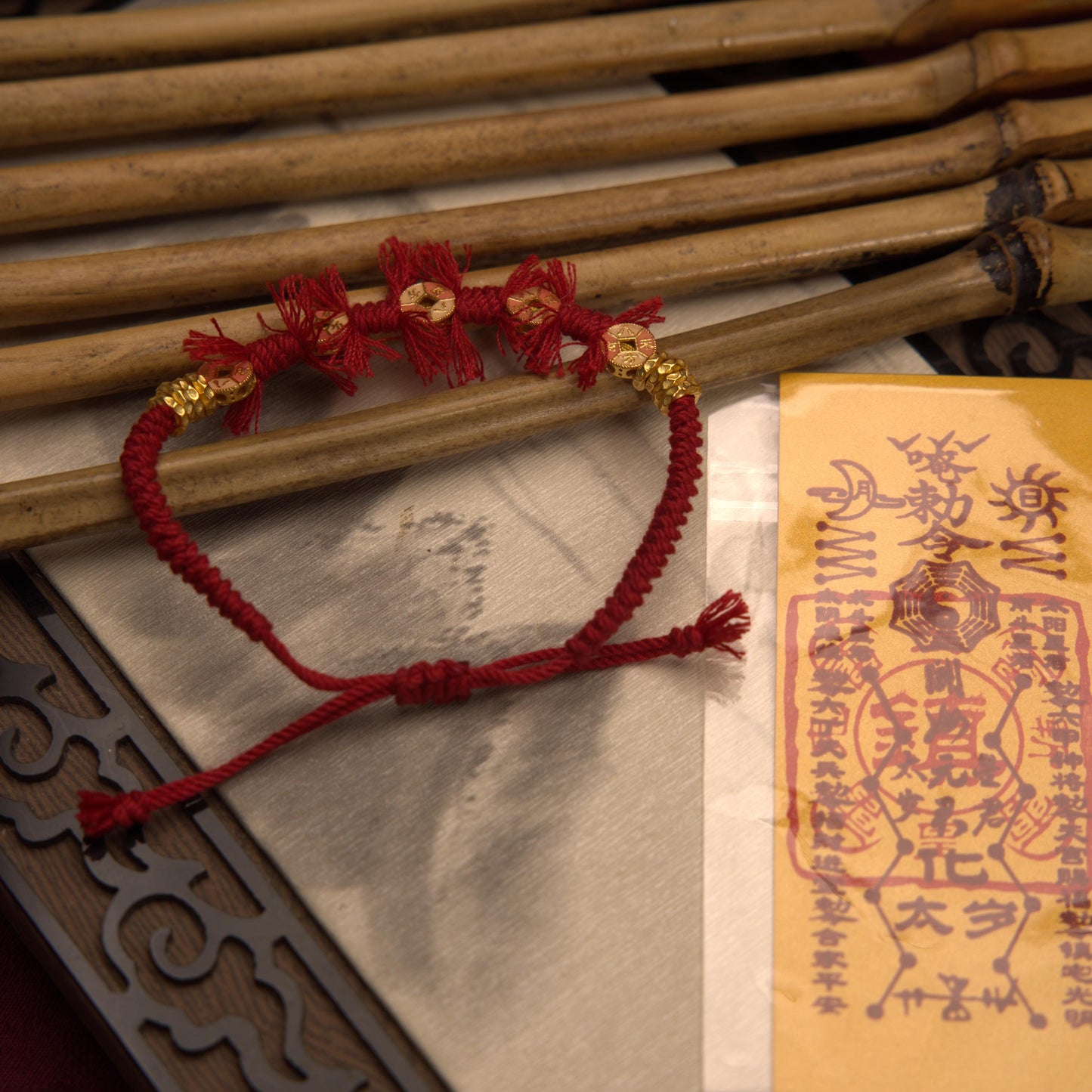 ZenWuxiang S925 Sterling Silver Red String Bracelet | Gold-Plated Coin Charm Enamel Tassel Adjustable Woven Amulet