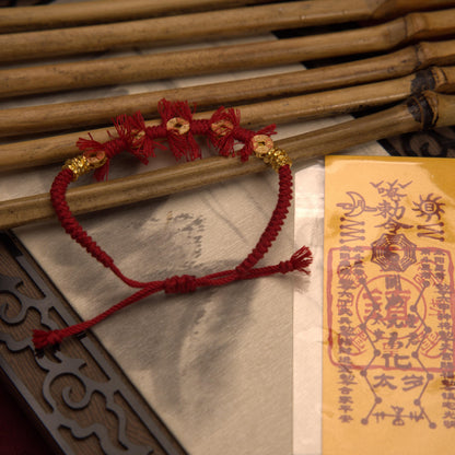 ZenWuxiang S925 Sterling Silver Red String Bracelet | Gold-Plated Coin Charm Enamel Tassel Adjustable Woven Amulet