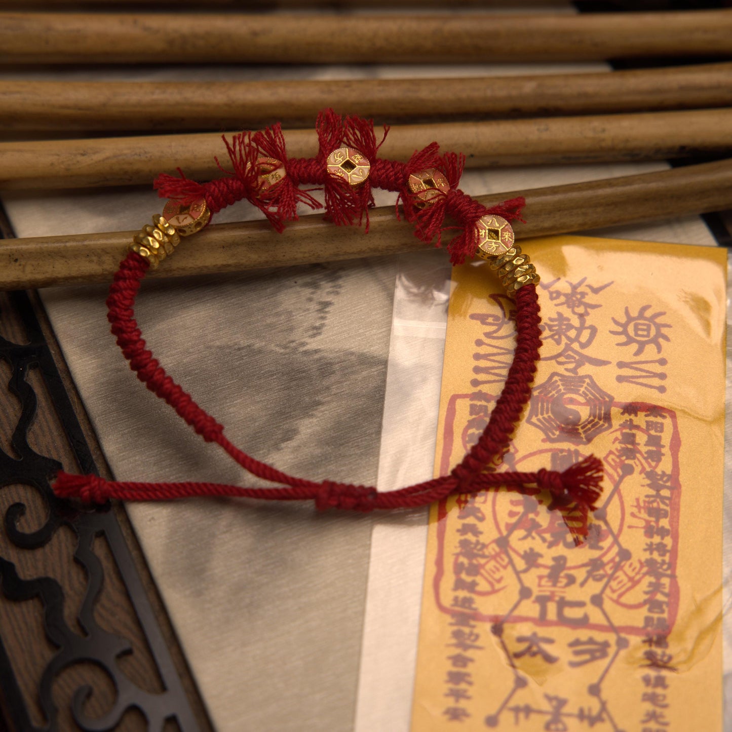 ZenWuxiang S925 Sterling Silver Red String Bracelet | Gold-Plated Coin Charm Enamel Tassel Adjustable Woven Amulet