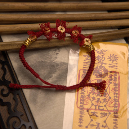 ZenWuxiang S925 Sterling Silver Red String Bracelet | Gold-Plated Coin Charm Enamel Tassel Adjustable Woven Amulet