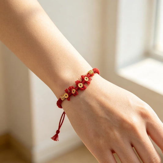 ZenWuxiang S925 Sterling Silver Red String Bracelet | Gold-Plated Coin Charm Enamel Tassel Adjustable Woven Amulet