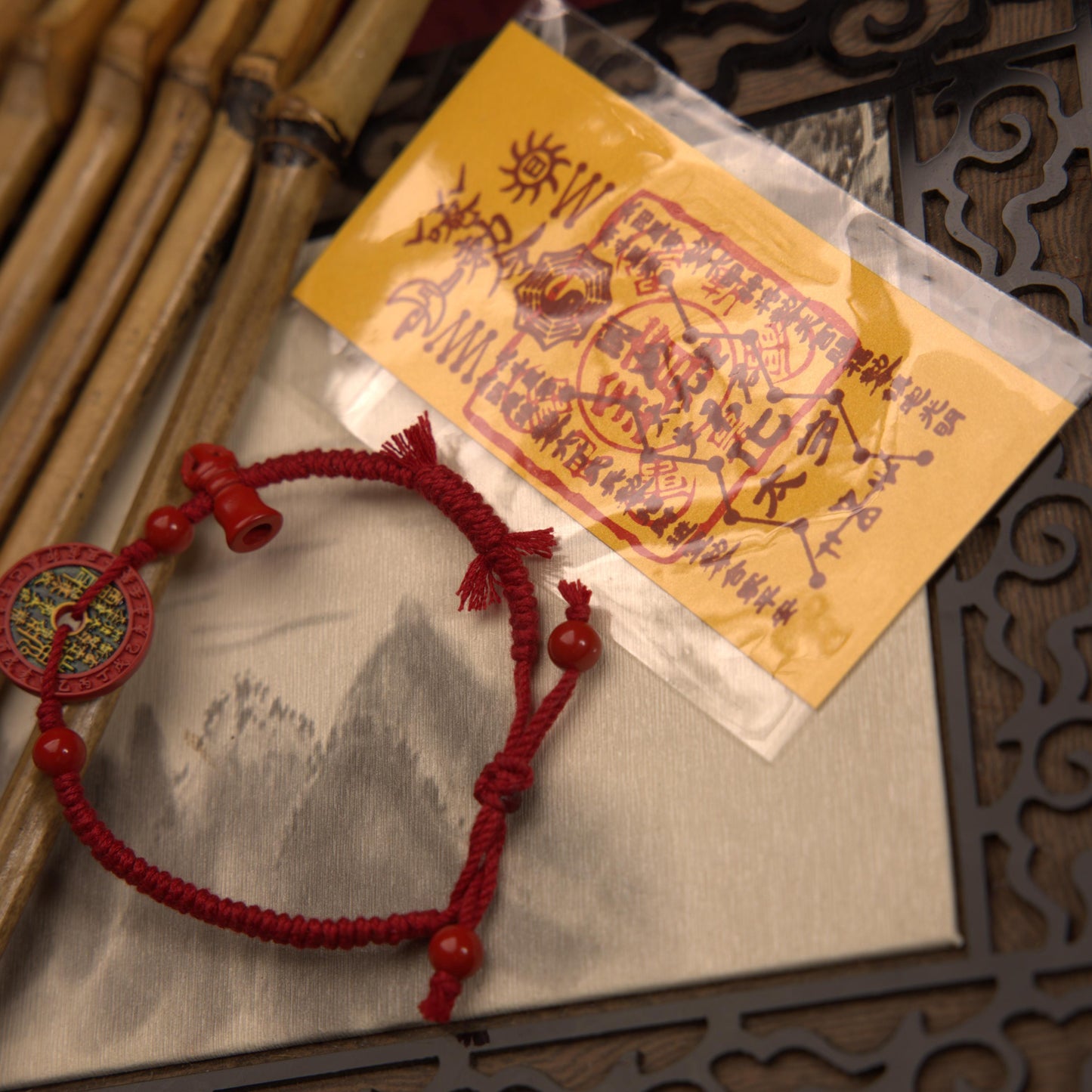 ZenWuxiang Red Cinnabar Coin Charm Bracelet | Carved Celestial Amulet & Vajra Pestle Red String Protection Bracelet