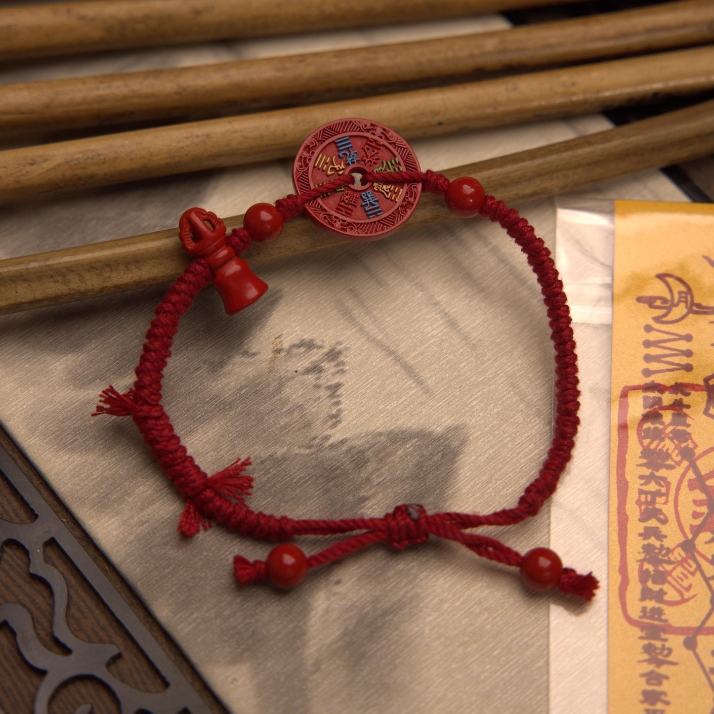 ZenWuxiang Red Cinnabar Coin Charm Bracelet | Carved Celestial Amulet & Vajra Pestle Red String Protection Bracelet