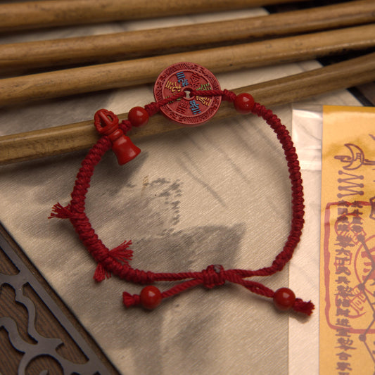 ZenWuxiang Red Cinnabar Coin Charm Bracelet | Carved Celestial Amulet & Vajra Pestle Red String Protection Bracelet