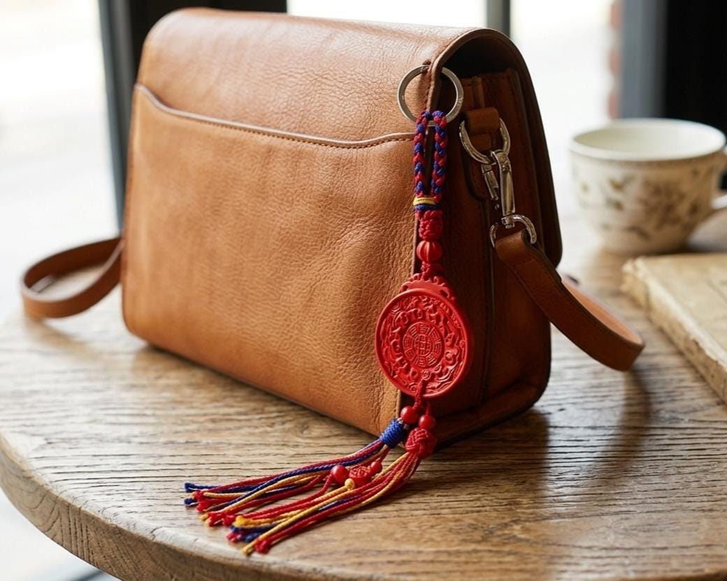 ZenWuxiang Imperial Red Cinnabar Bagua Bag Charm | Carved Celestial Amulet Tricolor Braided Cord Purse Charm & Keychain