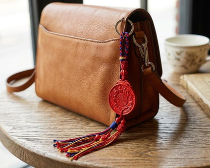 ZenWuxiang Imperial Red Cinnabar Bagua Bag Charm | Carved Celestial Amulet Tricolor Braided Cord Purse Charm & Keychain