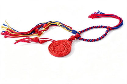 ZenWuxiang Imperial Red Cinnabar Bagua Bag Charm | Carved Celestial Amulet Tricolor Braided Cord Purse Charm & Keychain