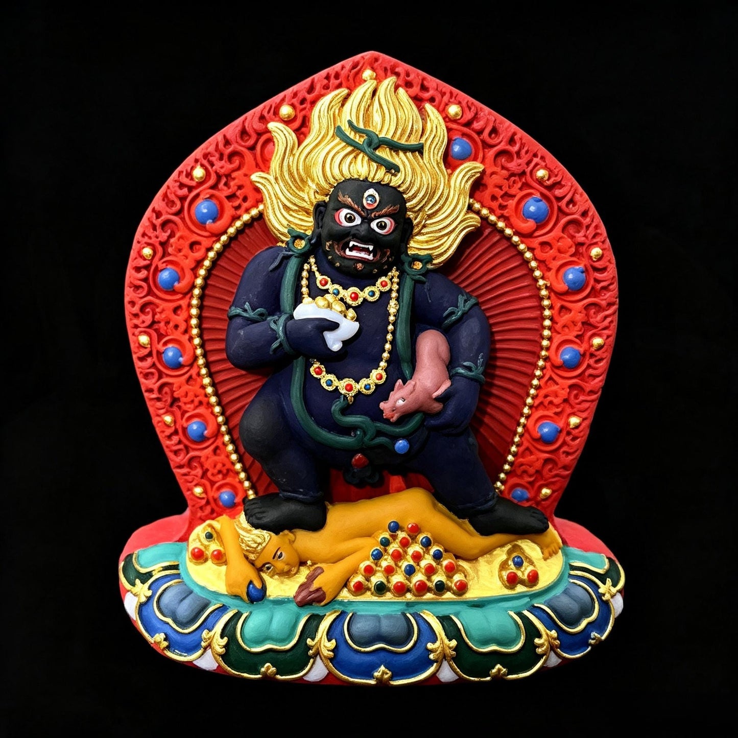 ZenWuxiang Tibetan Tsa Tsa Hand-Painted Relief Plaque | Medicine Buddha, Six-Armed Mahakala & Black Jambhala Sacred Altar Statue