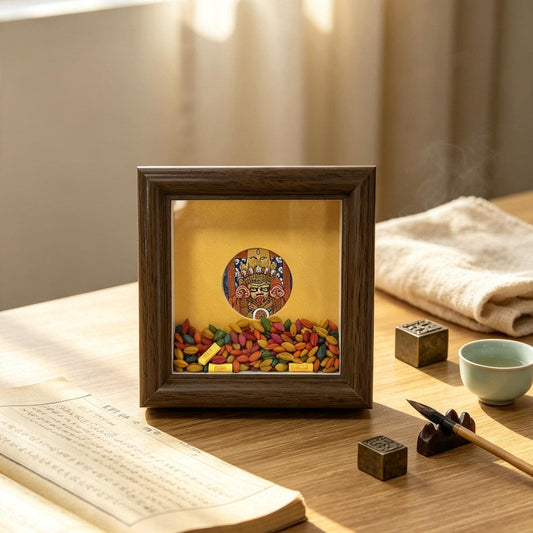 ZenWuxiang Mini Zashi Lhamo Framed Art | Tibetan Goddess of Abundance Palden Lhamo 3.15x3.15 in Solid Wood Desk Display