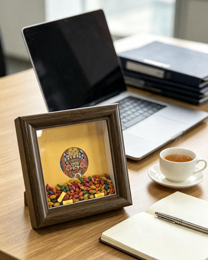 ZenWuxiang Mini Zashi Lhamo Framed Art | Tibetan Goddess of Abundance Palden Lhamo 3.15x3.15 in Solid Wood Desk Display