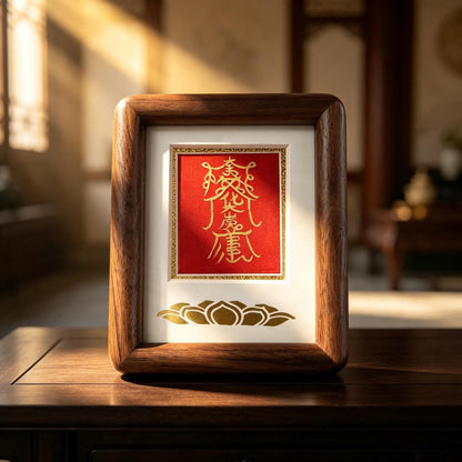 ZenWuxiang Framed Taoist Tai Sui Decree | Solid Walnut Wood Desk Display Gold Foil Crimson Talisman Card