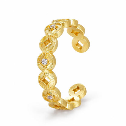 ZenWuxiang Wealth Coin Series Gold Fortune Coin Open Ring | 18K Gold Plated • Adjustable CZ Band